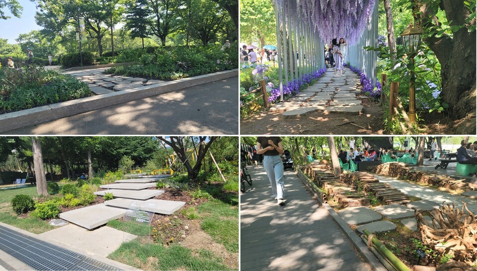 유니버설 디자인이 반영되지 않은 2025서울국제정원박람회 전시작품 모습 / 울퉁불퉁한 도로 전시장으로 가는 길에 턱이 존재하는 모습 등 보임