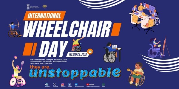 INTERNATIONAL / WHEELCHALR DAY / IST MARCH, 2026 / THEY ARE... UNSTOPPABLE / 휠체어 농구, 배드민턴, 양궁 등 휠체어를 타고 하는 스포츠 및 기타, 미술 컴퓨터 등도 보인다.