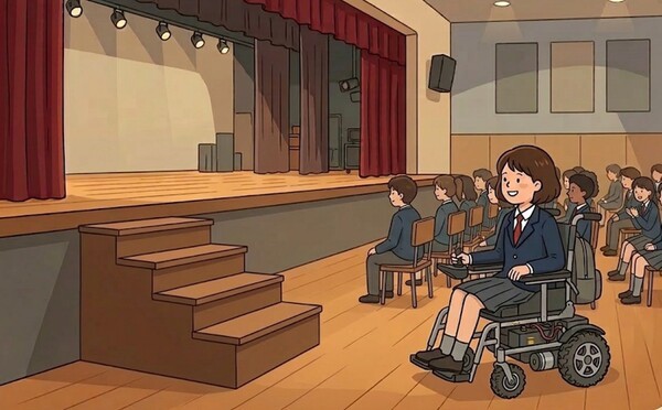 윌체어를 타고 체육관 무대를 바라보고 있다