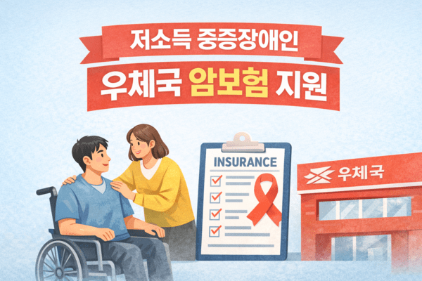 2026년 저소득 장애인 우체국 암보험 지원 관련 AI 제작 이미지로 저소득 중증장애인 우체국 암보험 지원이란 제목과 아래 휠체어를 탄 남서과 여성, 계약서, 우체국 건물 사진이 보여진다.